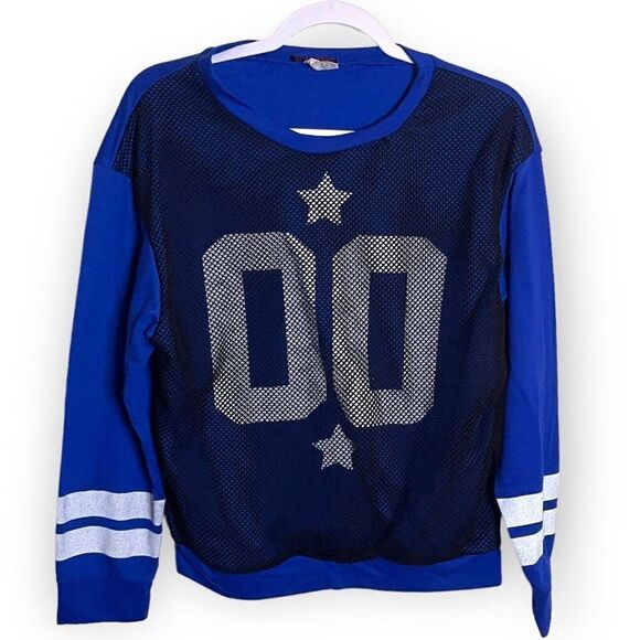 Blush Womens Blue Long Sleeve Sweater Top Medium Jersey Mesh Striped Color Block - Picture 1 of 7